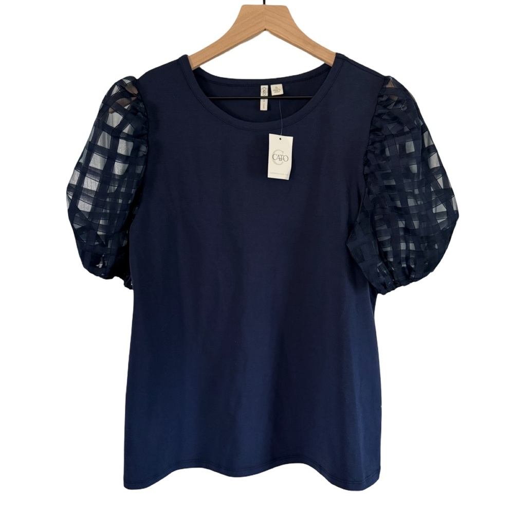 NWT Navy‎ Puff Sleeve Top with Sheer Organza Sleeves | Size S
